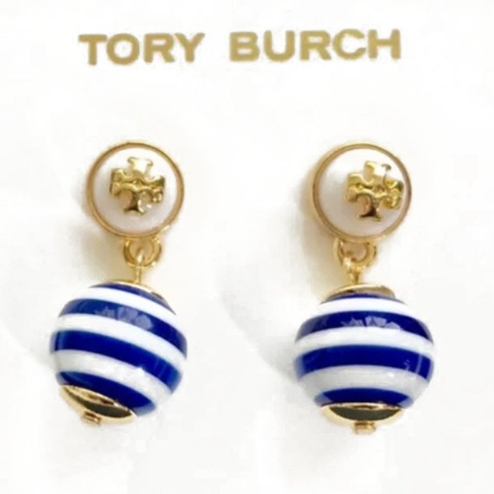 Tory Burch Blue & White Striped Saher Drop Earrings - Picture 6 of 7